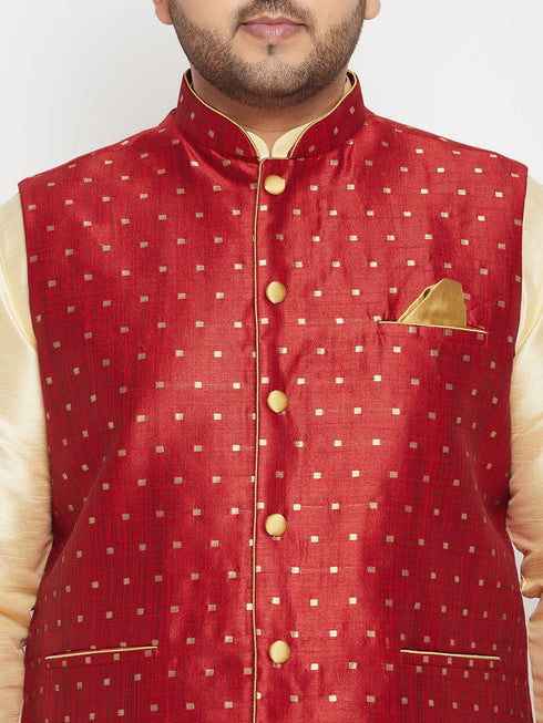 Vastramay Men's Plus Size Gold Zari Weaved Nehru Jacket With Curved Kurta Dhoti set